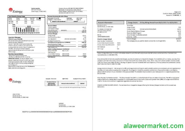 USA Entergy electricity utility bill template in Word and PDF format (2 pages)